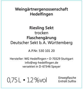 Riesling Sekt trocken, Hedelfinger Lenzenberg, Flaschengärung